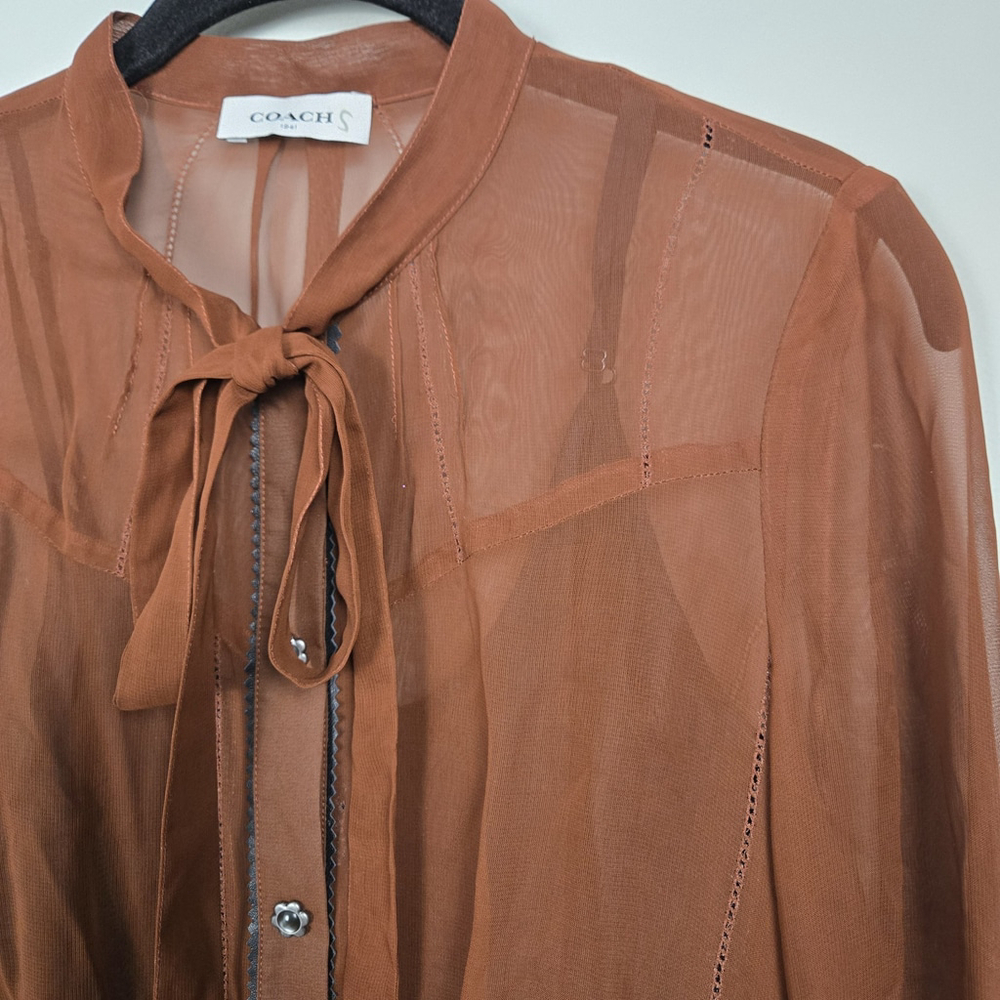 Coach 1941 Silk Sheer Western Tie Neck Dress Small Brown Prairie Boho Romantic - Picture 3 of 8